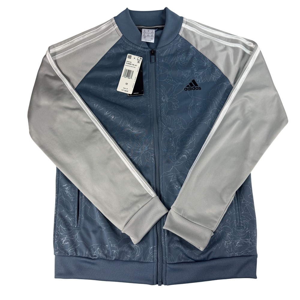 Adidas Womens M Track Jacket Blue Gray Floral Rose Print Full Zip Athleisure